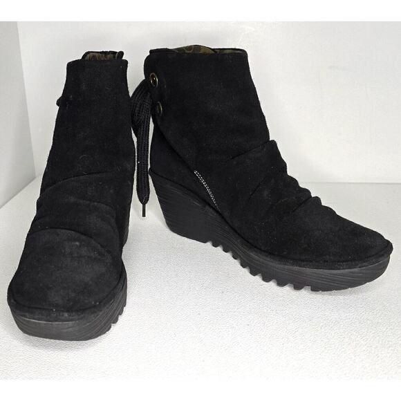 Fly London Yama Suede Lace Up Wedge Ankle Boots Black Women EU 39 US 8-8.5 - Picture 1 of 11